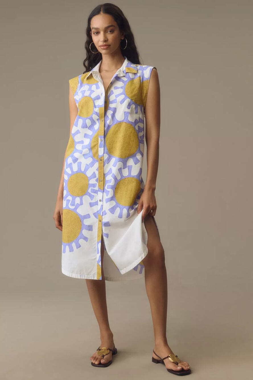 nwt ANTHROPOLOGIE MAEVE  XL The Lillian Cap Sleeve shirt dress in blue motif